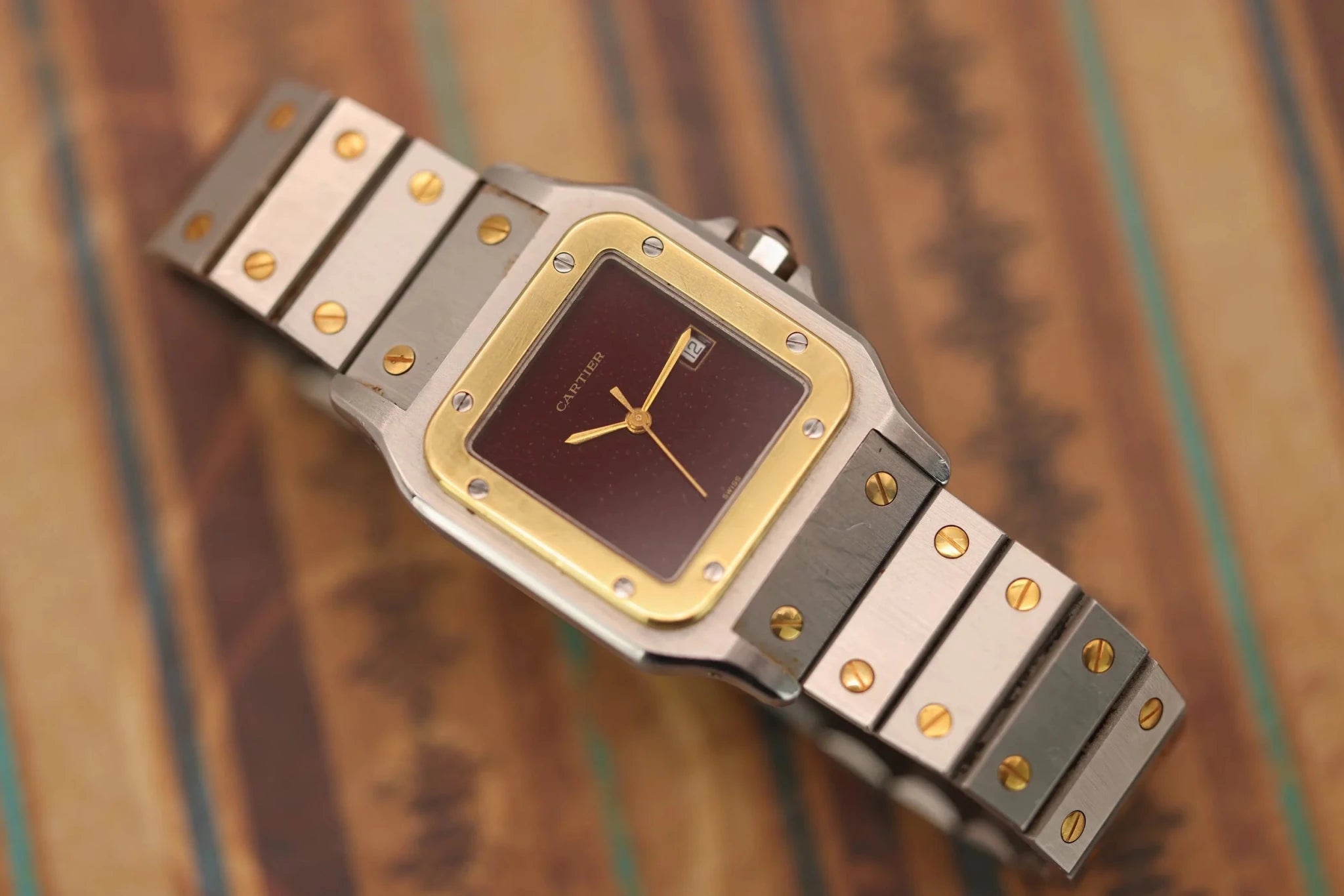 Cartier Santos Carree Ref. 2961 | Two-Tone | Á Pois Oxblood Dial - Sierra Time Co