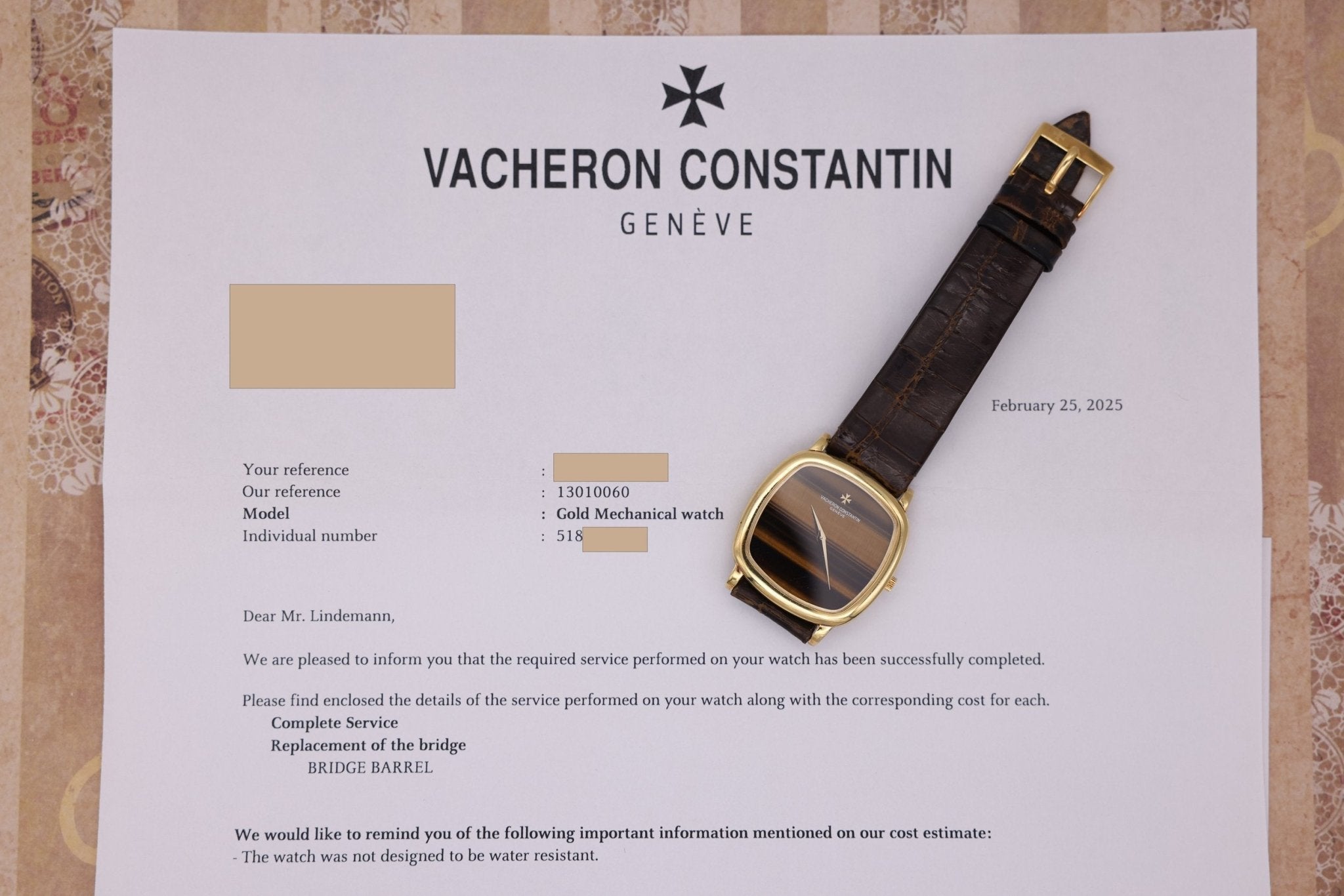 Vacheron Constantin Tank 18K YG Ref. 33024 | Tiger Eye Stone Dial | Box and Papers | 2025 Service - Sierra Time Co