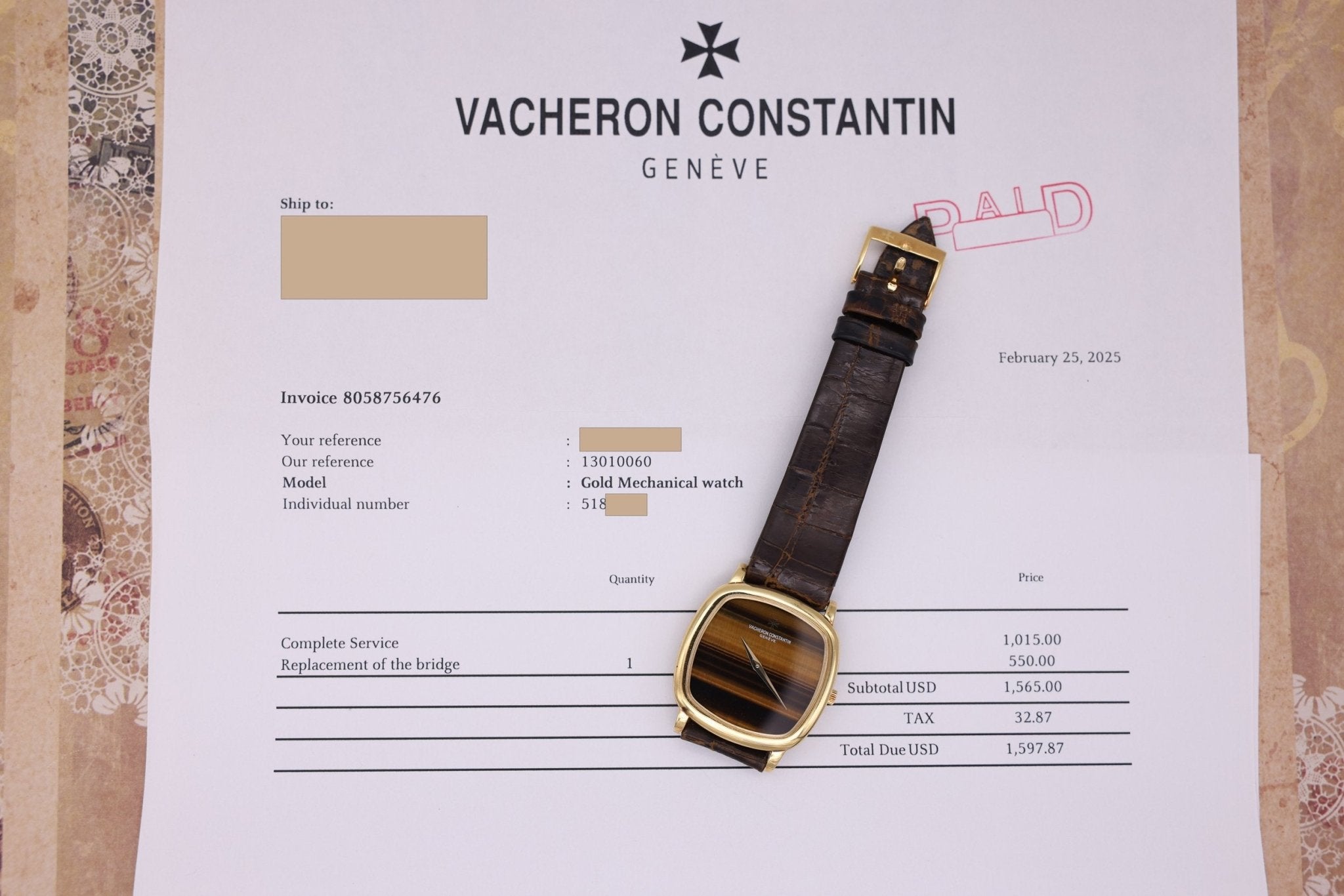 Vacheron Constantin Tank 18K YG Ref. 33024 | Tiger Eye Stone Dial | Box and Papers | 2025 Service - Sierra Time Co